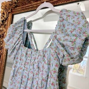 Floral Blue Pleated Puff Sleeve Mini Dress Size Small